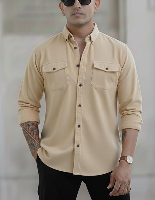 Visit the CB-COLEBROOK Store CB-COLEBROOK Men's Regular Fit Solid Soft Touch Cotton Casual Shirt with Pocket Design with Spread Collar & Full Sleeves (Available in Plus Size) - Image 3